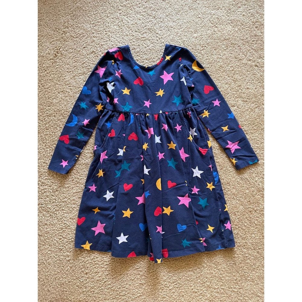 140/US 10 Hanna Andersson Navy Long Sleeve Moon Star Heart Twirl Skater Dress wi